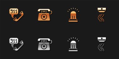 Telefon 911 'i, alarm zilini ve duman sistemi simgesini çal. Vektör.