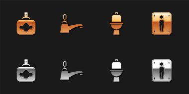 Parfüm, su musluğu, klozet ve erkek tuvalet ikonu koyun. Vektör.