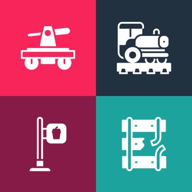 Tren yolu, kafe ve restoran, klasik lokomotif ve Draisine ya da el arabası ikonu gibi raylara pop sanat eserleri koyun. Vektör.