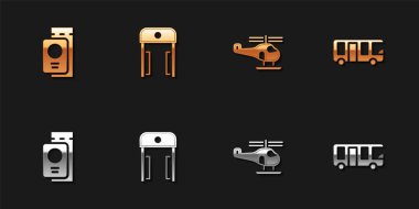 Pasaportu bilet, havaalanında metal dedektörü, helikopter ve havaalanı otobüs ikonu ile ayarlayın. Vektör.