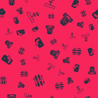 Kayak ve sopaları ayarlayın, trafik levhası, buz hokeyi golü ve pürüzsüz bir şekilde yürüyüş çantası. Vektör.