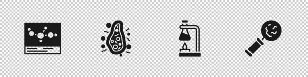 Set Chemische Formule Bacteriën Reageerbuiskolf Vuur Micro Organismen Onder Vergrootglas — Stockvector