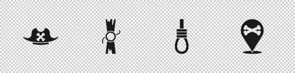 Korsan şapkası, ferman, parşömen, parşömen, darağacı halatı ve korsan simgesi. Vektör.