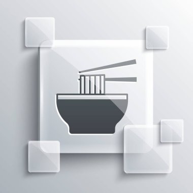 Kasede gri Asya erişteleri ve gri arka planda izole edilmiş yemek çubukları ikonu. Sokak yemeği. Kore, Japon, Çin yemekleri. Kare cam paneller. Vektör.