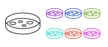 Beyaz zemin üzerinde izole edilmiş bakteri simgesi olan siyah çizgi Petri kabı. Simgeleri renklendirin. Vektör.