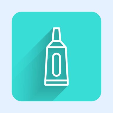 Uzun gölgeli beyaz çizgi krem tüp tıp ikonu. Tüp, kap, diş macunu, krem rengi. Yeşil kare düğmesi. Vektör.