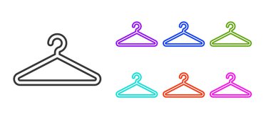 Siyah çizgi elbise askısı ikonu beyaz arka planda izole edildi. Vestiyer ikonu. Kıyafet servis sembolü. Çamaşır askı tabelası. Simgeleri renklendirin. Vektör.