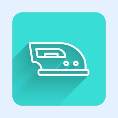 Uzun gölgeli beyaz çizgi elektrikli demir ikonu. Buhar ütüsü. Yeşil kare düğmesi. Vektör.