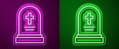 Mor ve yeşil arkaplanda izole edilmiş mezar taşı simgesiyle parlayan neon hattı Grave. Vektör.