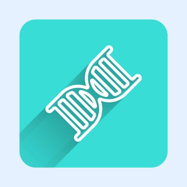 Beyaz çizgi DNA sembolü uzun gölgeli izole edilmiş. Yeşil kare düğmesi. Vektör.