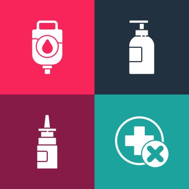 Pop sanatları hastanesi sağlık, şişe burun spreyi, el dezenfektanı ve serum torbasını hazırla. Vektör.