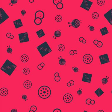 Dikiş düğmesini, desenli iplik topunu ve dikiş iğnelerini kusursuz desene göre ayarla. Vektör.