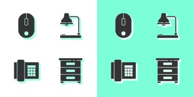 Belgeler, bilgisayar faresi, telefon ve masa lambası simgesini içeren çekmeceyi ayarla. Vektör.