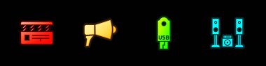 Film alkışını, megafonu, USB flaş belleği ve iki hoparlör ikonuyla ev teybini ayarla. Vektör.