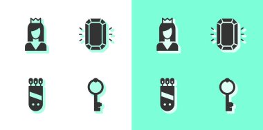 Eski anahtarı ayarla prenses, oklu titrek ve elmas ikonlu. Vektör.