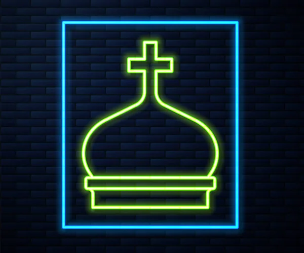 Glowing Neon Line Christian Church Tower Icon Isolated Brick Wall — Stock Vector