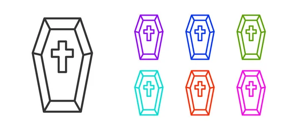 Zwarte Lijn Coffin Met Christelijk Kruis Pictogram Geïsoleerd Witte Achtergrond — Stockvector