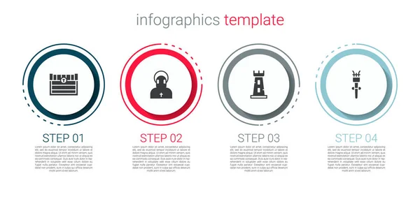 Set Antike Schatztruhe Mönch Burgturm Und Fackelflamme Geschäftsinfografische Vorlage Vektor — Stockvektor