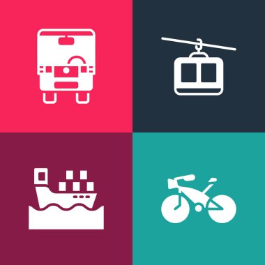 Pop sanat bisikletini, kutulu kargo gemisini, kablolu arabayı ve otobüs simgesini ayarla. Vektör.