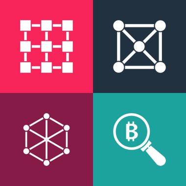 Pop sanat büyüteçini Bitcoin, Blockchain teknolojisi ve ikon ile ayarla. Vektör.