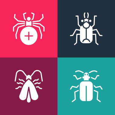 Pop Art Chafer Böceği, Giysi Güvesi, Böcek Böceği ve Örümcek ikonunu ayarla. Vektör.