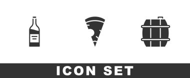 Bir şişe şarap, ikon için dilimlenmiş pizza ve fıçı. Vektör.