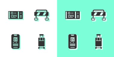 Çanta, tren bileti, E-bilet ve yol bariyeri ikonu. Vektör.