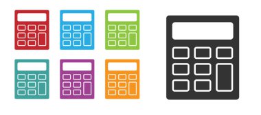 Siyah Hesap Makinesi simgesi beyaz arkaplanda izole edildi. Muhasebe sembolü. İş hesaplamaları matematik eğitimi ve finans. Simgeleri renklendirin. Vektör.