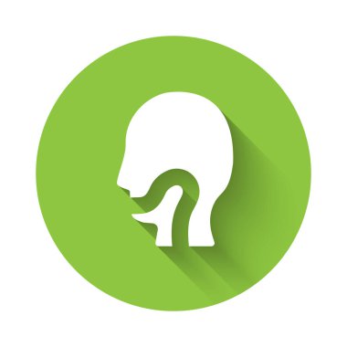 Uzun gölgeli beyaz boğaz ikonu. Boğaz ağrısı. Grip, grip, grip, anjin. Sağlık ve sağlık hizmetleri. Yeşil daire düğmesi. Vektör.