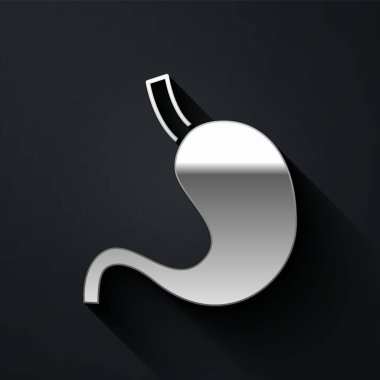 Siyah arka planda izole edilmiş Gümüş İnsan mide ikonu. Uzun gölge tarzı. Vektör.