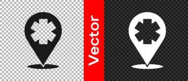 Saydam arkaplanda hastane simgesi olan siyah tıbbi harita işaretçisi. Vektör.