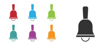 Beyaz arkaplanda siyah zil simgesi izole edildi. Alarm sembolü, servis zili, el zili işareti, uyarı sembolü. Simgeleri renklendirin. Vektör.