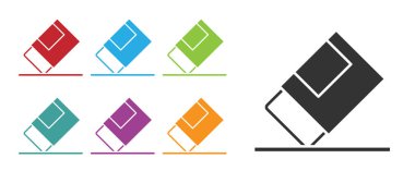 Beyaz arkaplanda siyah silgi ya da kauçuk simgesi var. Simgeleri renklendirin. Vektör.