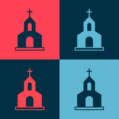 Pop Art Church binası ikonu renk arkaplanında izole edilmiş. Hıristiyan Kilisesi. Kilisenin dini. Vektör.