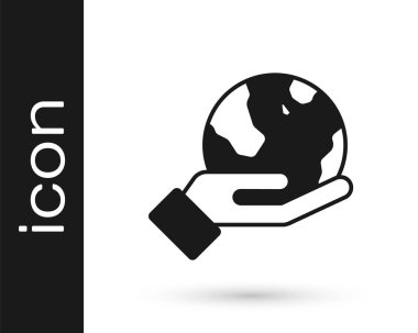 Siyah insan eli, beyaz zemin üzerinde Dünya 'nın ikonunu tutuyor. Dünya kavramını sakla. Vektör.