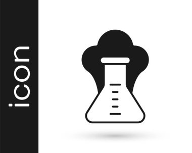 Siyah Kimyasal deney, beyaz arka planda izole edilmiş şişe ikonundaki patlama. Test tüpünde kimyasal patlama. Vektör.