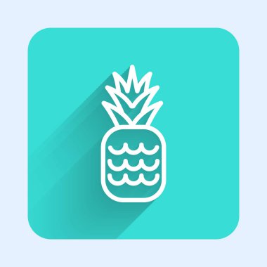 Uzun gölgeli beyaz çizgi ananas tropikal meyve ikonu. Yeşil kare düğmesi. Vektör.
