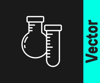 Beyaz çizgi test tüpü ve siyah arkaplanda izole edilmiş kimyasal test ikonu. Laboratuvar cam levhası. Vektör.
