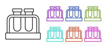 Siyah çizgi test tüpü ve beyaz arka planda izole edilmiş kimyasal test ikonu. Laboratuvar cam levhası. Simgeleri renklendirin. Vektör.