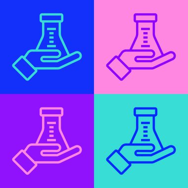 Pop sanat çizgisi test tüpü ve kimyasal test ikonu renk arkaplanında izole edilmiş. Laboratuvar cam levhası. Vektör.