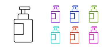 Siyah çizgi El dezenfektanı beyaz arka planda izole edilmiş. Dezenfeksiyon konsepti. Yıkama jeli. Hijyen için alkol şişesi. Simgeleri renklendirin. Vektör.