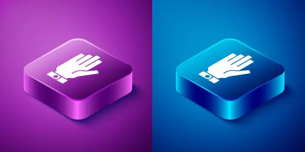 アイソメトリックファイターグローブアイコンは青と紫の背景に隔離されています 手袋のアイコンを守る 正方形のボタン ベクトル — ストックベクタ