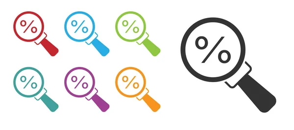 Svart Förstoringsglas Med Procent Ikon Isolerad Vit Bakgrund Rabatterade Erbjudanden — Stock vektor