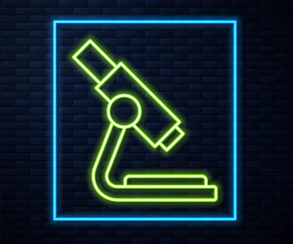 Светящийся Значок Неоновой Линии Микроскоп Изолирован Фоне Кирпичной Стены Химия — стоковый вектор