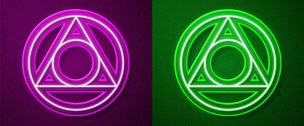 Glowing Neon Line Triangle Math Icon Isolated Purple Green Background — Stock Vector