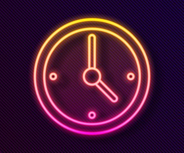 Parlayan neon çizgi saat simgesi siyah arkaplanda izole edildi. Zaman sembolü. Vektör.