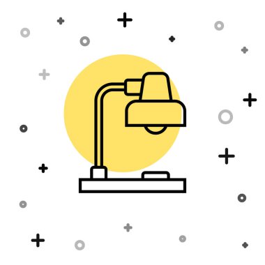 Beyaz arkaplanda siyah çizgi masa lambası simgesi izole edildi. Rastgele dinamik şekiller. Vektör.