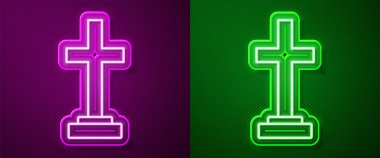 Pembe ve yeşil arkaplanda çapraz simge izole edilmiş parlak neon çizgisi Grave. Vektör.