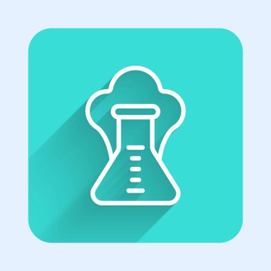 Beyaz çizgi Kimyasal Deneyi, şişe ikonundaki patlama uzun gölgeli izole edilmiş. Test tüpünde kimyasal patlama. Yeşil kare düğmesi. Vektör.