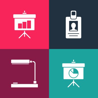 Çizim tahtasını diyagram, masa lambası, kimlik kartı ve simgeyle ayarla. Vektör.